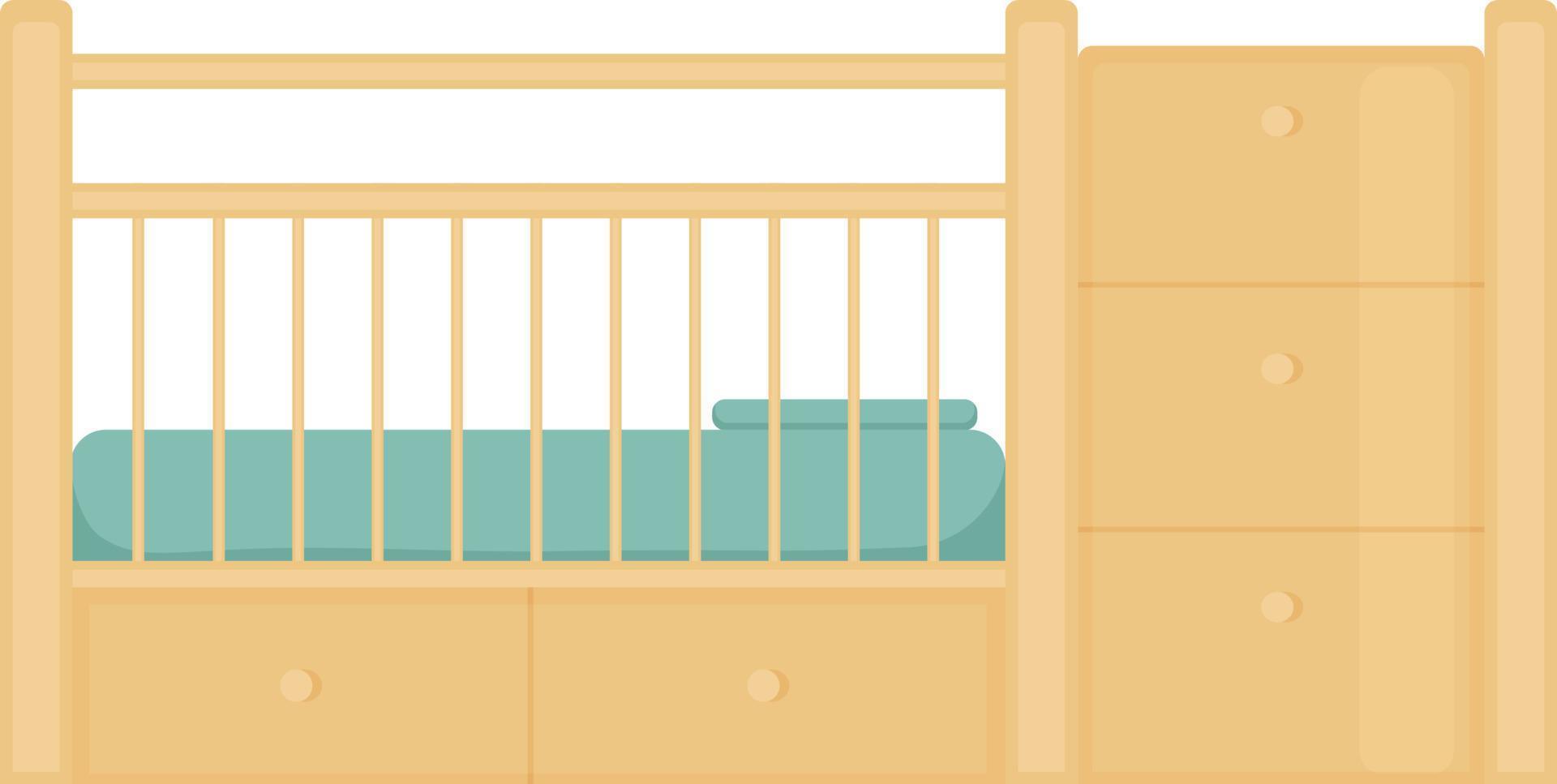 Children s wooden crib. A bed for children with drawers. Children s wooden furniture for newborns, with mattress and pillow. Vector illustration isolated on a white background