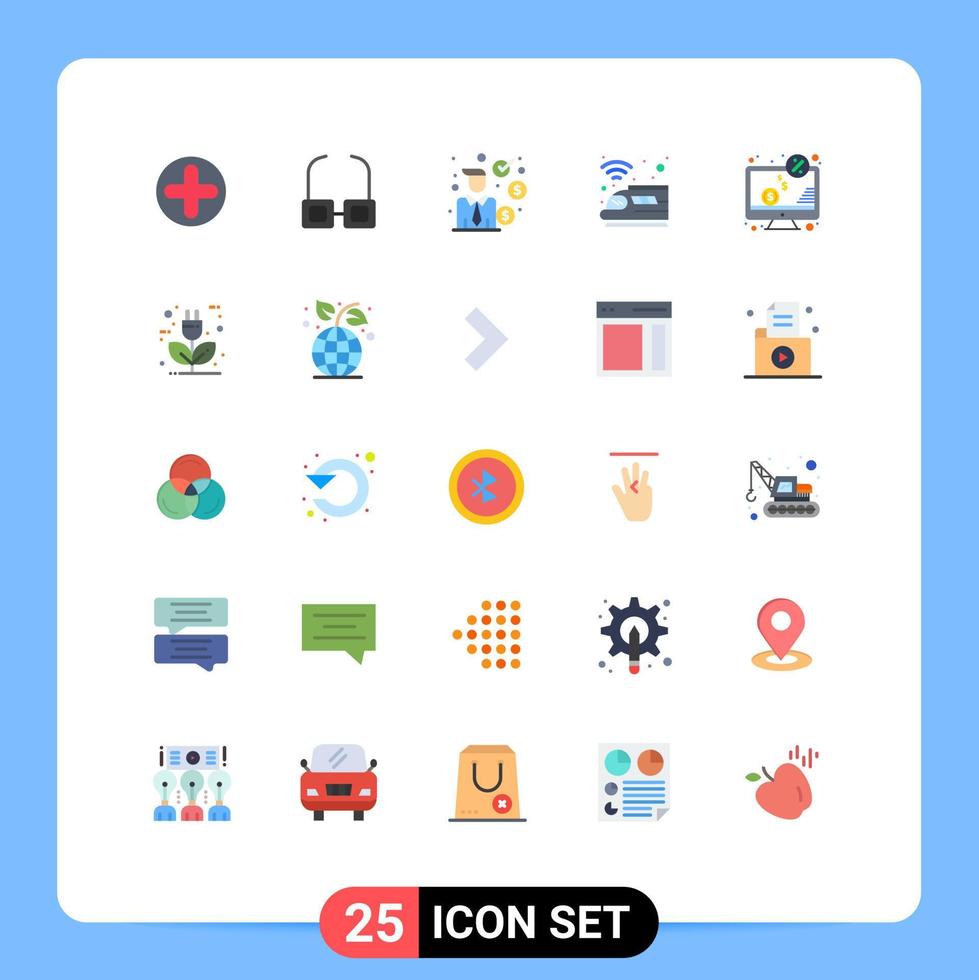 paquete de 25 signos y símbolos de colores planos modernos para medios de impresión web, como el tren de inversión de transporte en dólares, elementos de diseño de vectores editables públicos