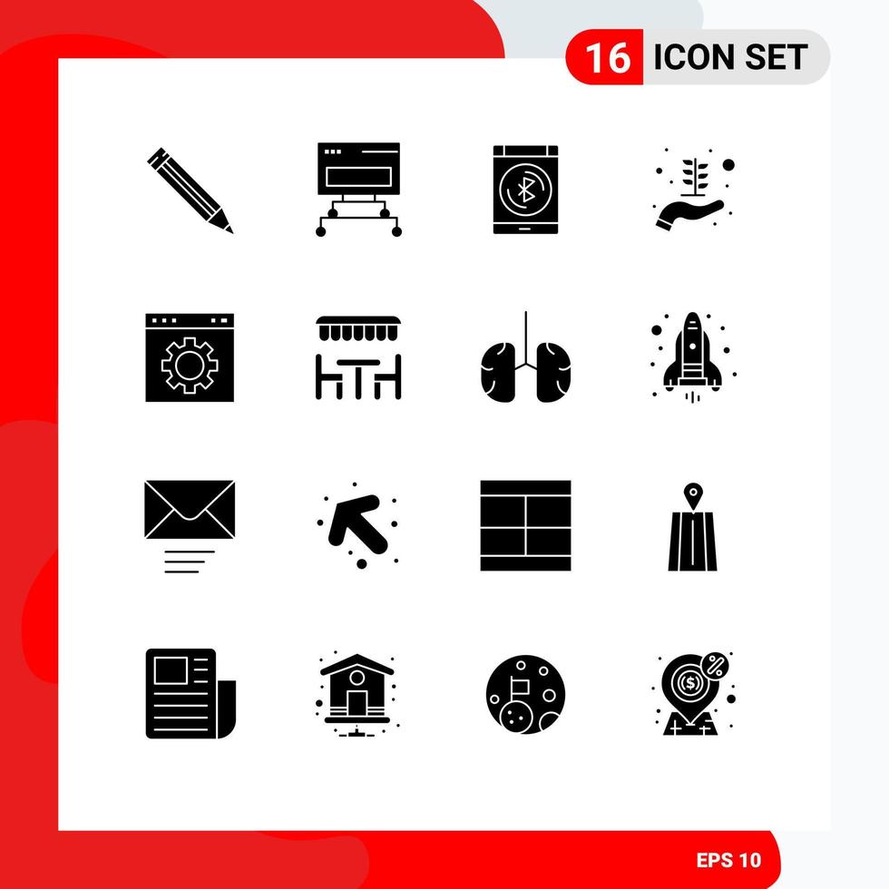 Group of 16 Modern Solid Glyphs Set for page gear connect browser growth Editable Vector Design Elements