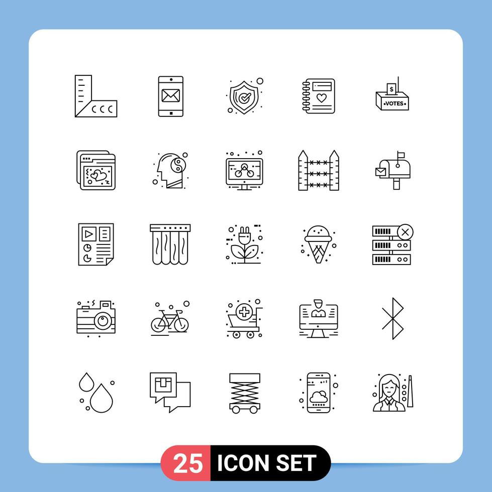 25 Universal Line Signs Symbols of influence corruption shield bribe heart Editable Vector Design Elements