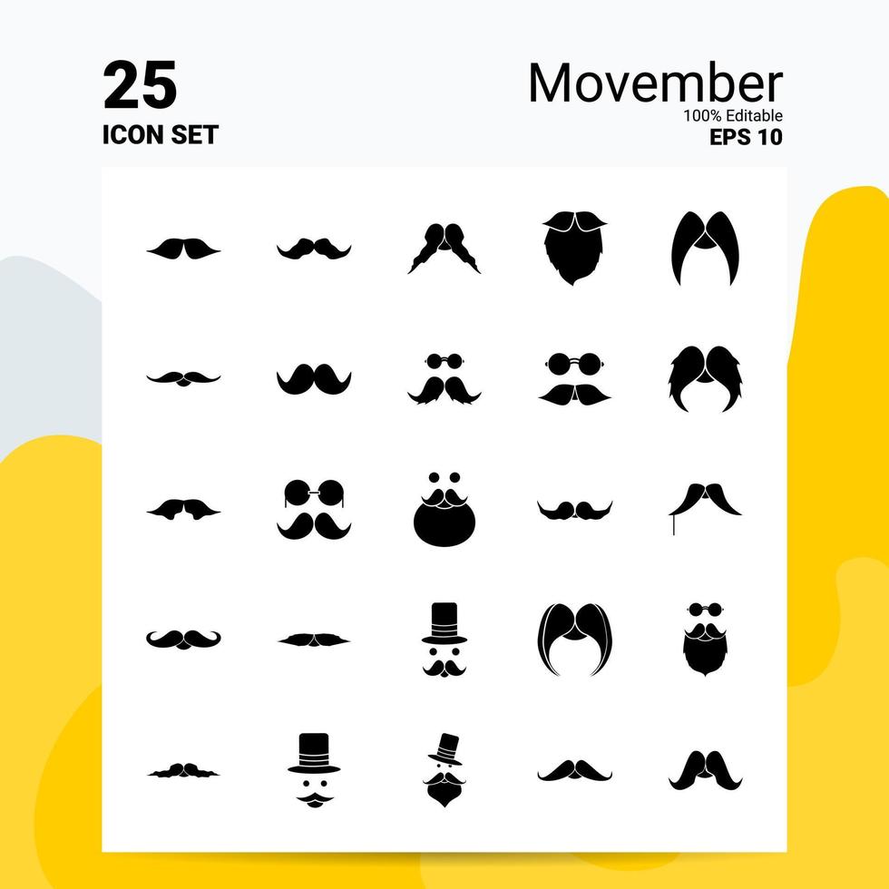 25 Movember Icon Set 100 Editable EPS 10 Files Business Logo Concept Ideas Solid Glyph icon design vector