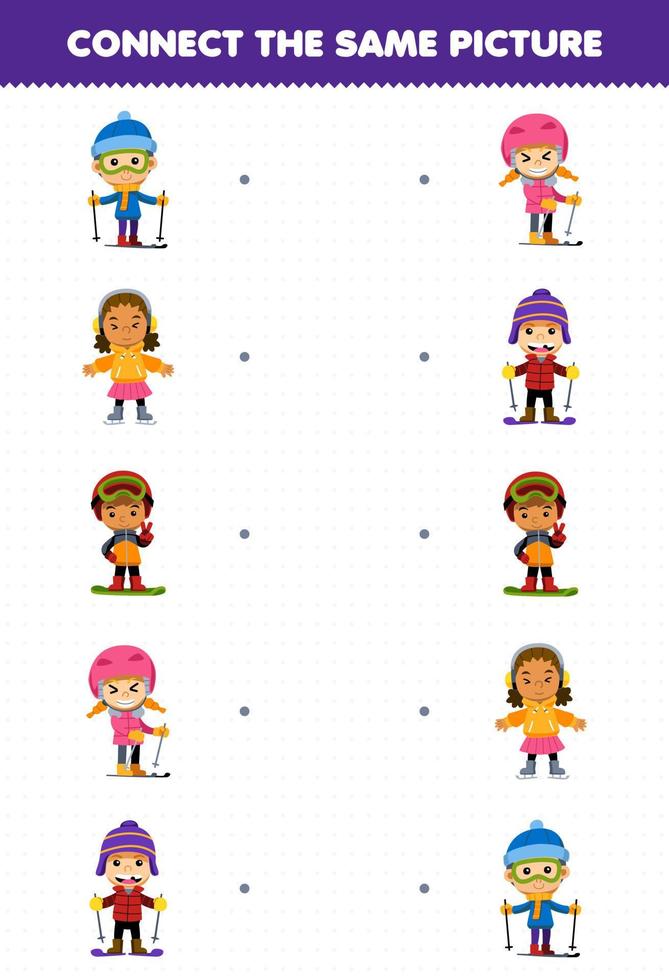 juego de educación para niños conecta la misma imagen de un lindo niño y una niña de dibujos animados jugando esquí, snowboard y patinaje sobre hielo hoja de trabajo de invierno imprimible vector