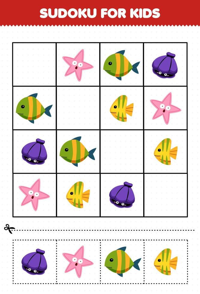 juego educativo para niños sudoku para niños con lindos dibujos animados estrella de mar concha hoja de trabajo imprimible bajo el agua vector