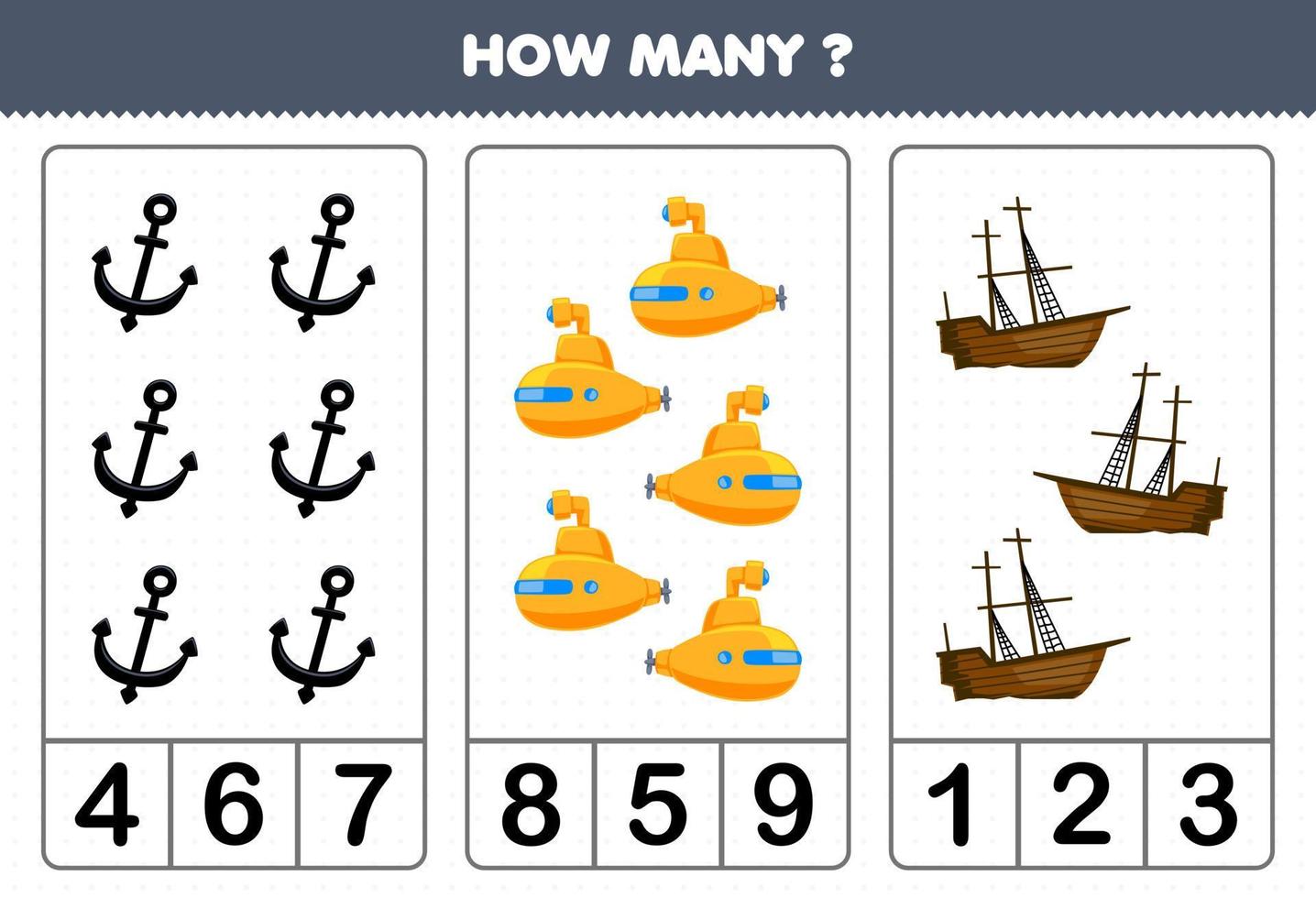 Education game for children counting how many cute cartoon anchor submarine wrecked ship printable underwater worksheet vector