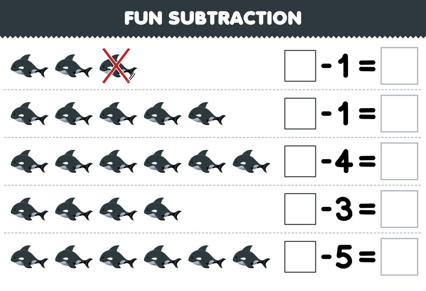 Education game for children fun subtraction by counting cute cartoon orca in each row and eliminating it printable underwater worksheet vector