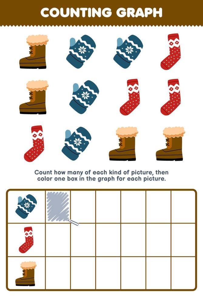 Education game for children count how many cute cartoon mitten sock boot then color the box in the graph printable winter worksheet vector