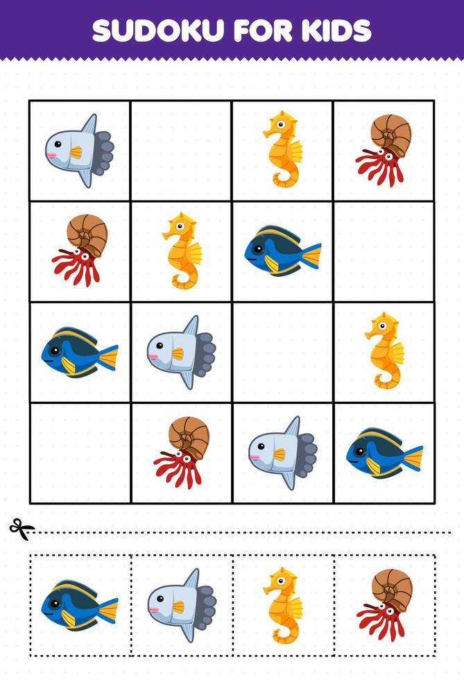 juego educativo para niños sudoku para niños con lindo pez de dibujos animados caballito de mar pez luna hoja de trabajo subacuática imprimible vector