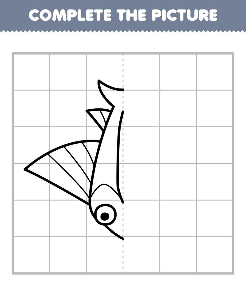 Education game for children complete the picture of cute cartoon flying fish half outline for drawing printable underwater worksheet vector