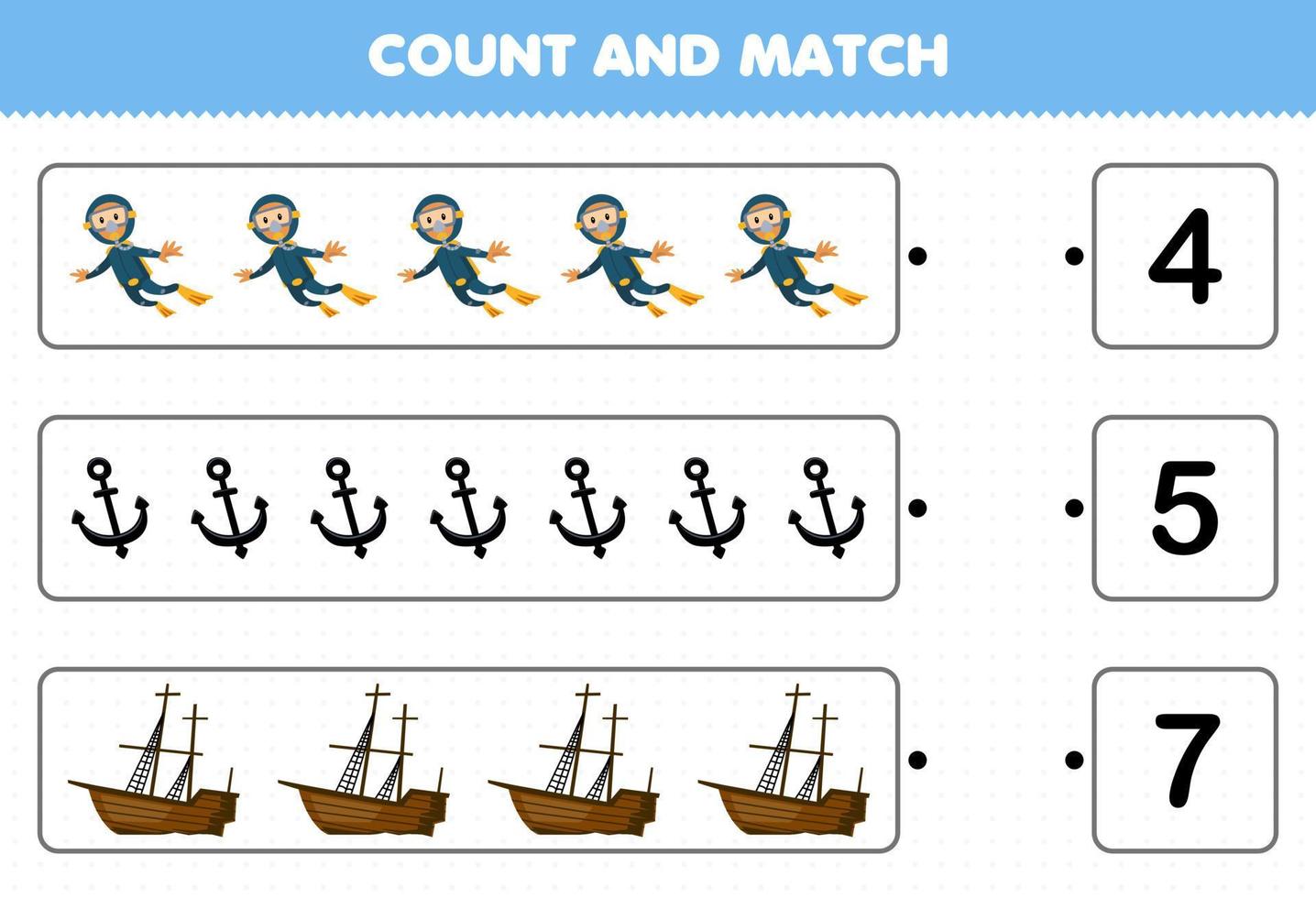 Education game for children count the number of cute cartoon diver anchor wrecked ship and match with the right numbers printable underwater worksheet vector