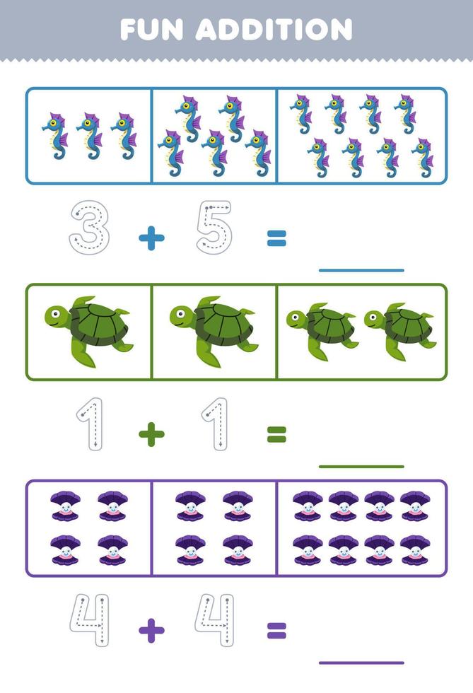 juego educativo para niños divertido además contando y rastreando el número de lindos dibujos animados caballito de mar caparazón de tortuga hoja de trabajo subacuática imprimible vector