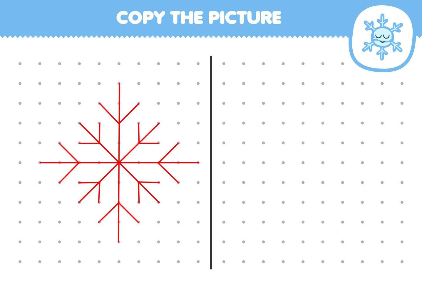 juego educativo para niños copiar imagen de copo de nieve de dibujos animados lindo conectando la hoja de trabajo de invierno imprimible de punto vector