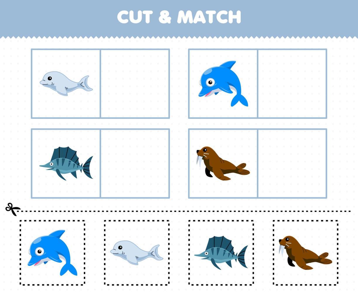 Education game for children cut and match the same picture of cute cartoon dolphin beluga fish walrus printable underwater worksheet vector