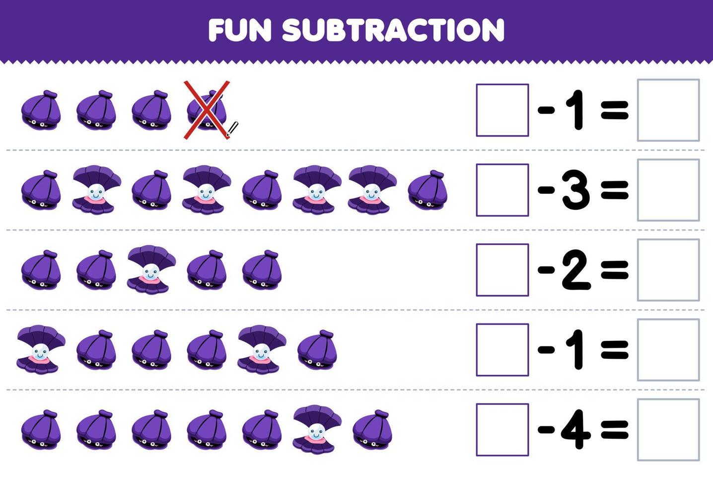 Education game for children fun subtraction by counting cute cartoon shell in each row and eliminating it printable underwater worksheet vector