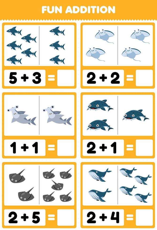 Education game for children fun addition by counting and sum of cute cartoon shark manta hammer shark stingray whale printable underwater worksheet vector