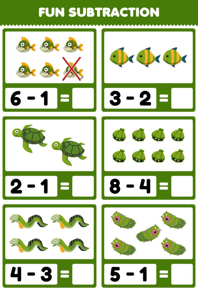 juego educativo para niños diversión resta contando y eliminando dibujos animados lindo pez piraña caparazón de tortuga anguila pepino de mar hoja de trabajo subacuática imprimible vector