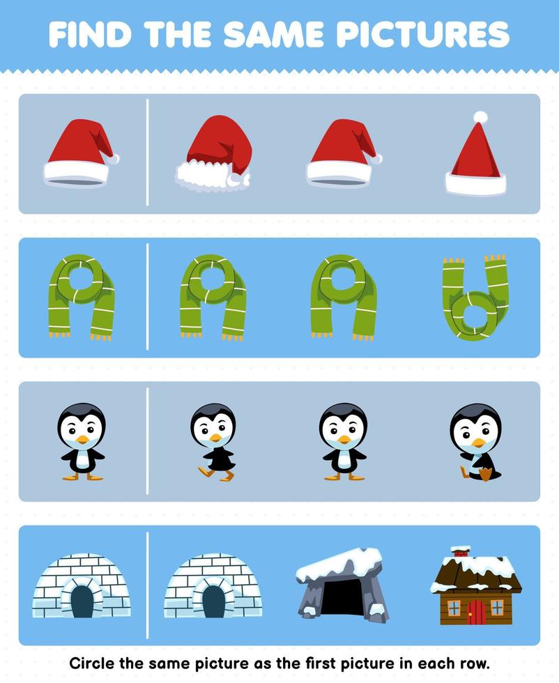 Education game for children find the same picture in each row of cute cartoon hat scarf penguin igloo printable winter worksheet vector