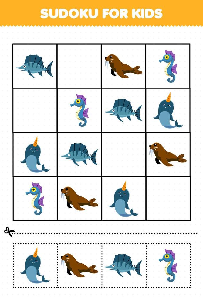 Education game for children sudoku for kids with cute cartoon narwhal walrus fish seahorse printable underwater worksheet vector