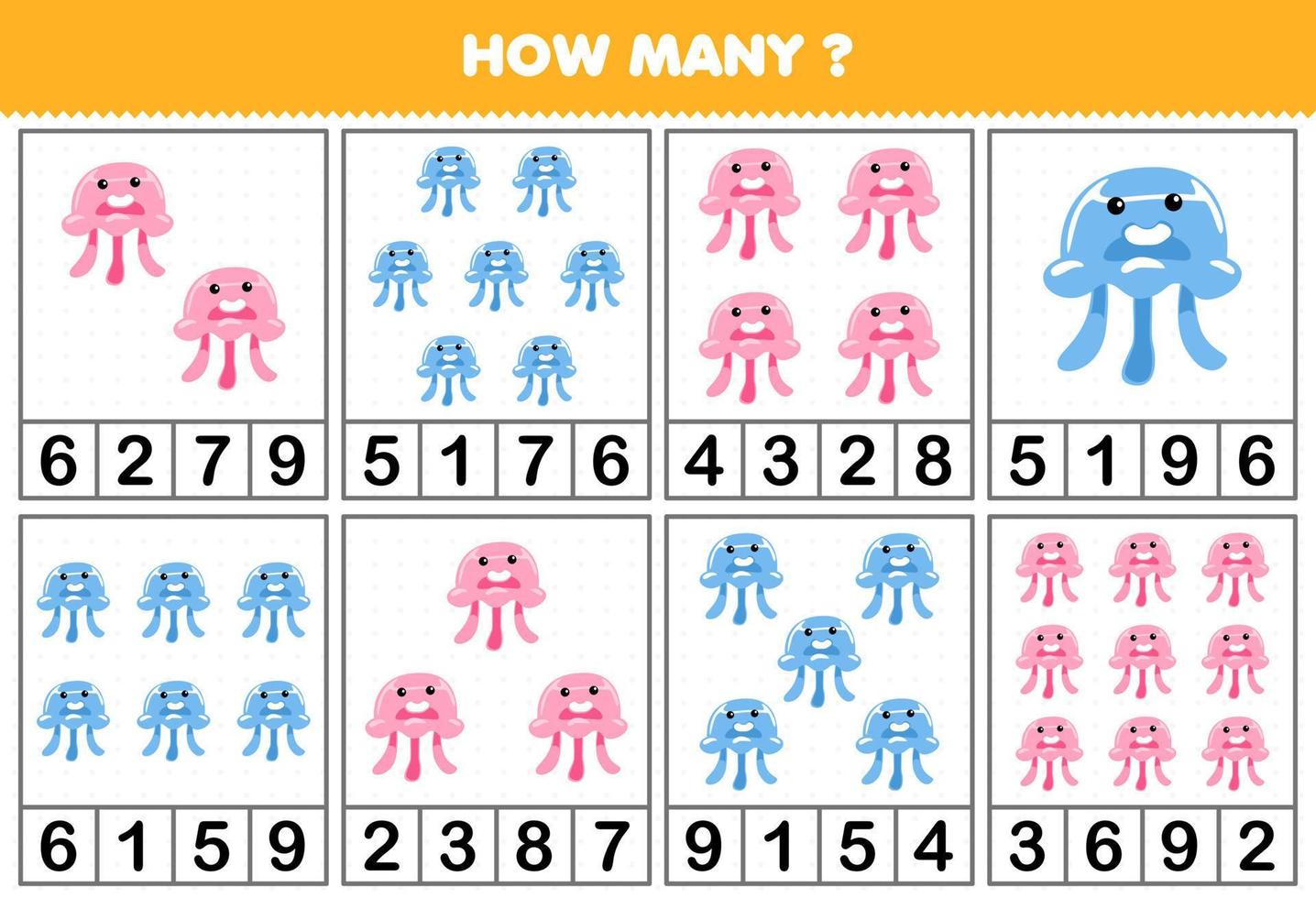 Education game for children counting how many objects in each table of cute cartoon jellyfish printable underwater worksheet vector