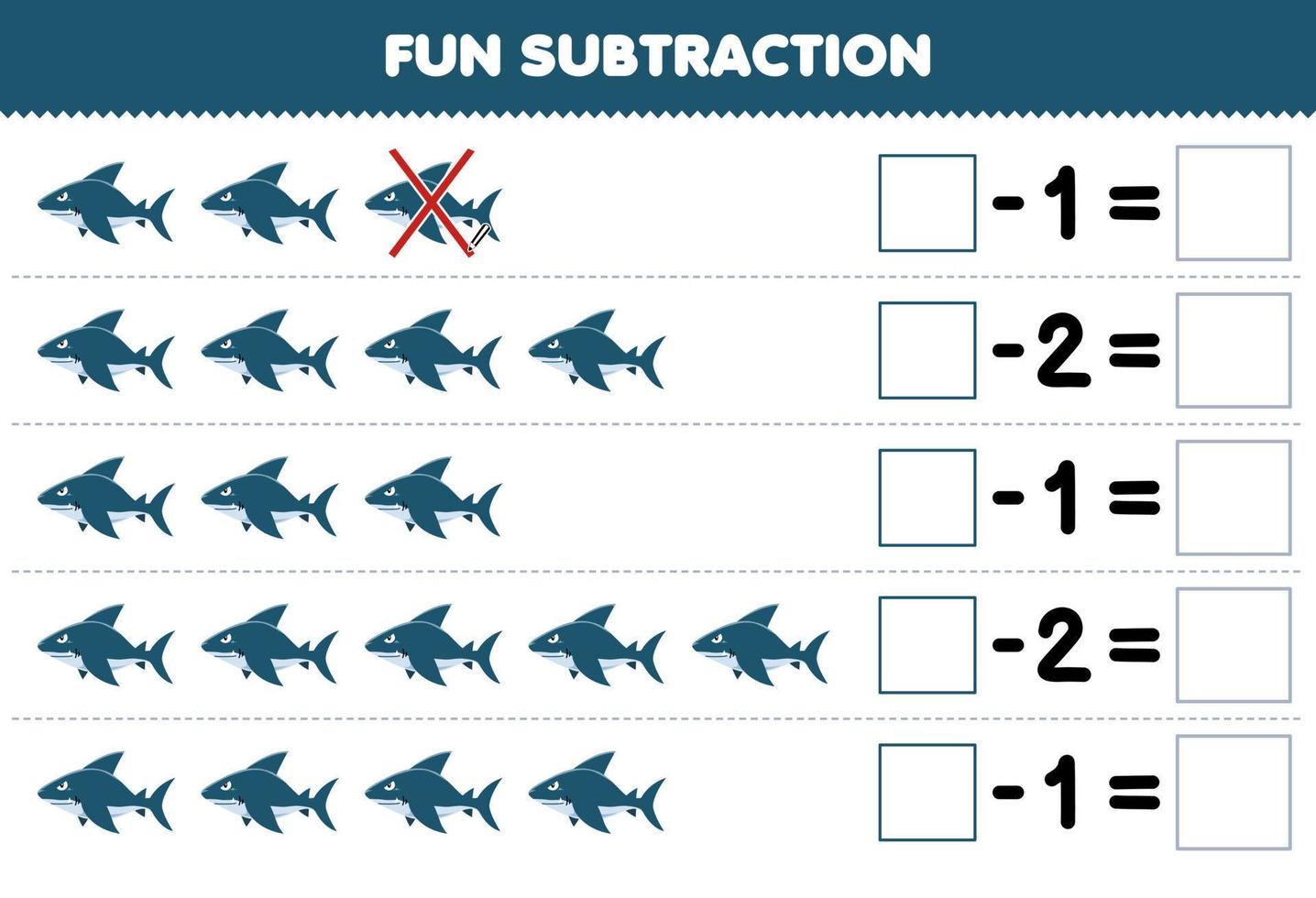 juego educativo para niños diversión resta contando lindo tiburón de dibujos animados en cada fila y eliminándolo hoja de trabajo subacuática imprimible vector