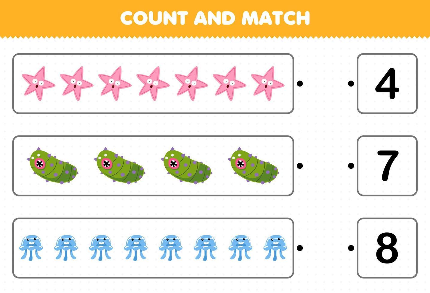 Education game for children count the number of cute cartoon starfish sea cucumber jellyfish and match with the right numbers printable underwater worksheet vector