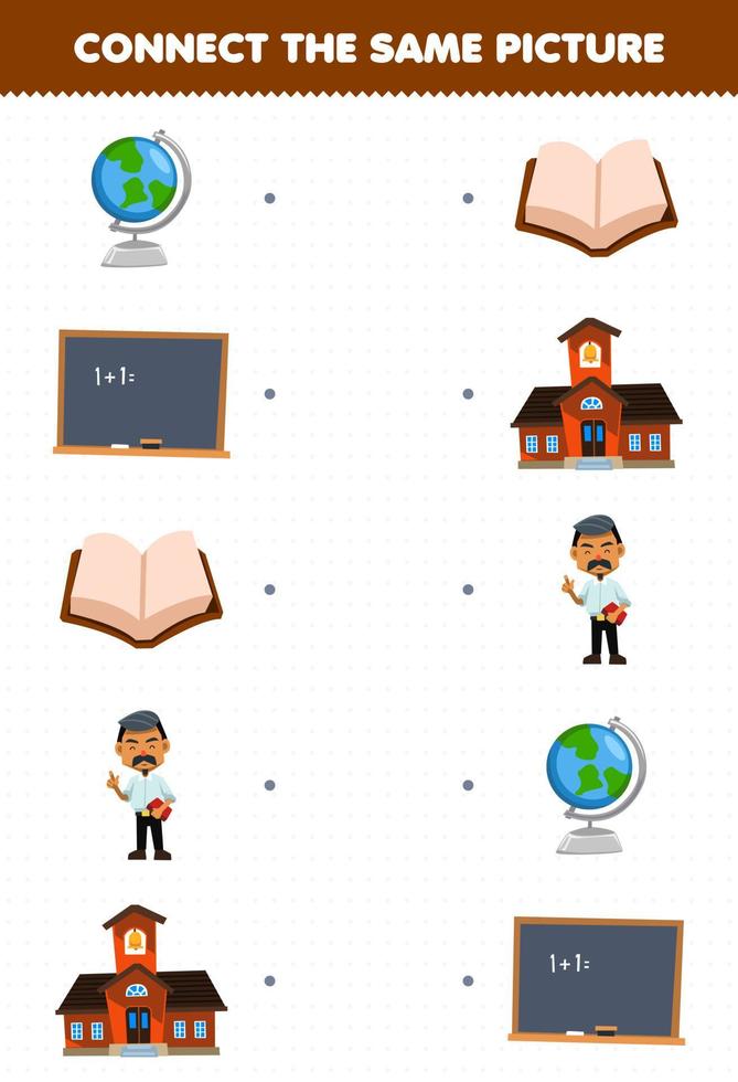 Education game for children connect the same picture of cute cartoon teacher set printable profession worksheet vector
