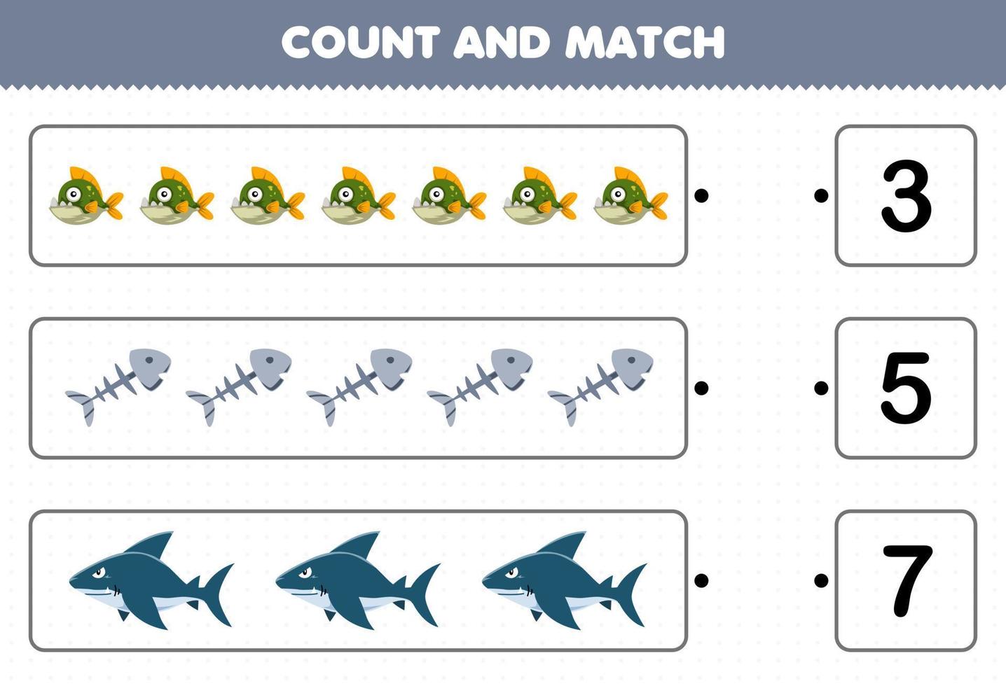 Education game for children count the number of cute cartoon piranha fish bone shark and match with the right numbers printable underwater worksheet vector