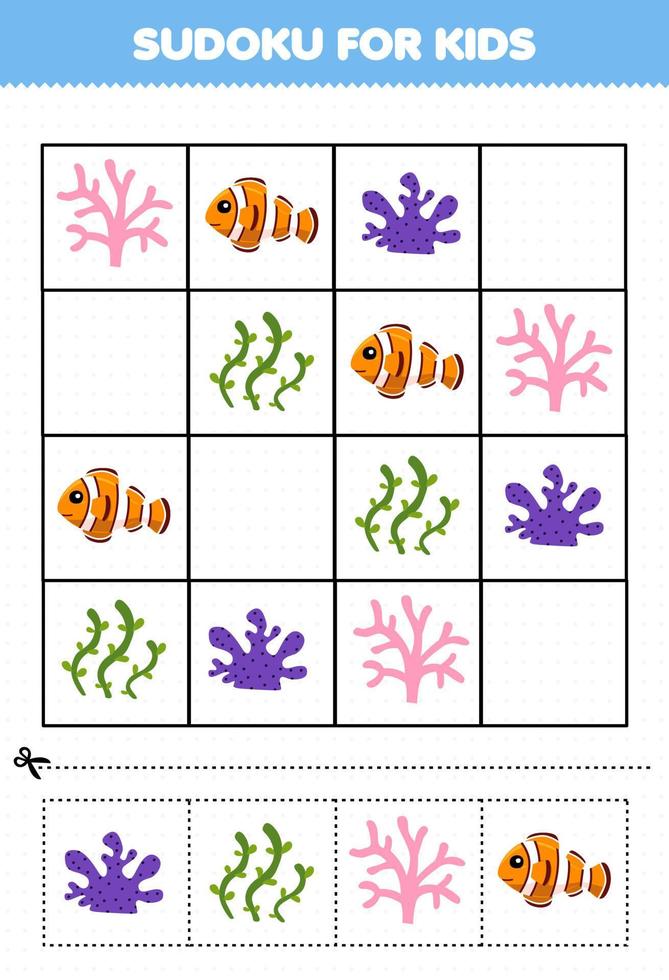 juego educativo para niños sudoku para niños con dibujos animados lindos peces de coral algas hoja de trabajo subacuática imprimible vector