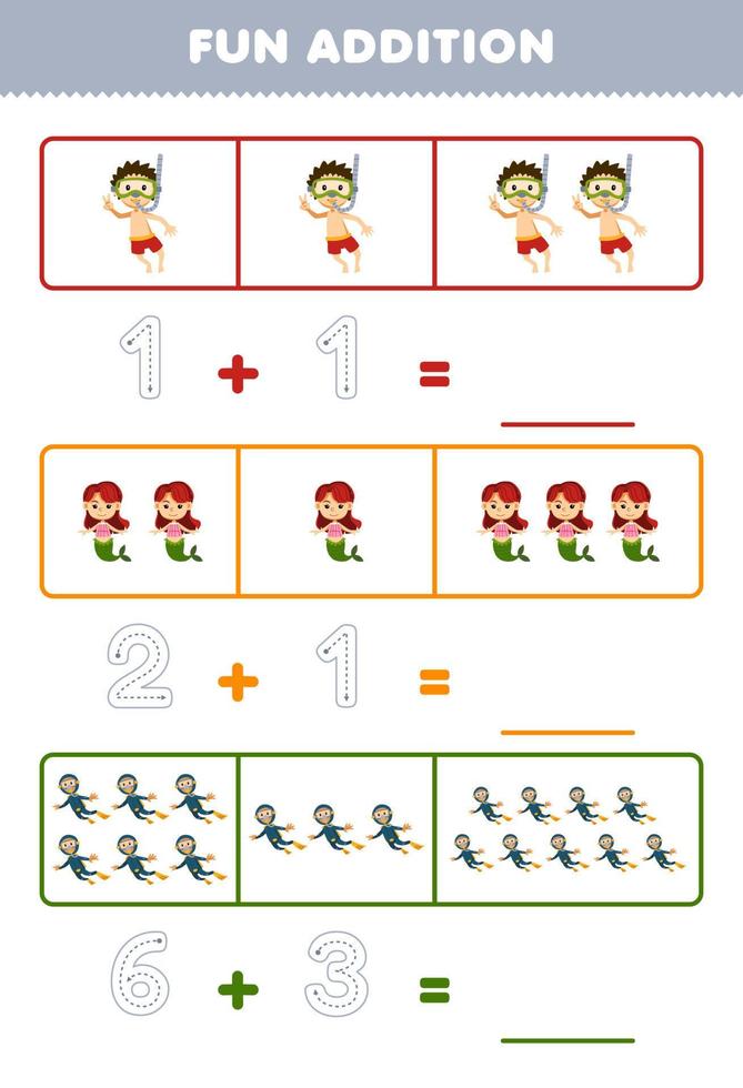 Education game for children fun addition by counting and tracing the number of cute cartoon diver and mermaid printable underwater worksheet vector