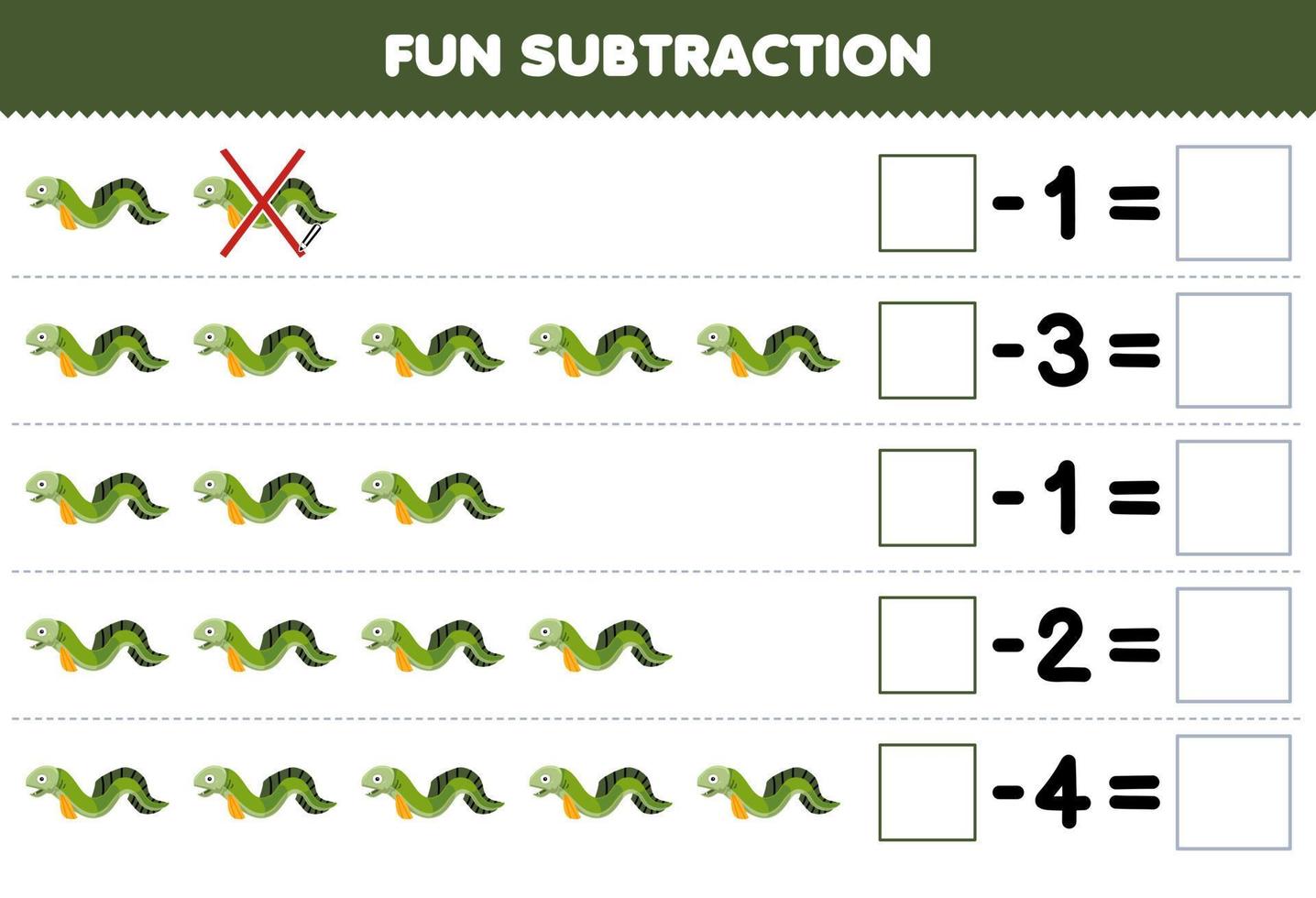 Education game for children fun subtraction by counting cute cartoon eel in each row and eliminating it printable underwater worksheet vector