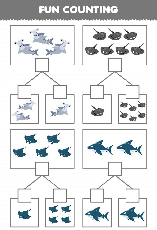 juego educativo para niños diversión contando imagen en cada caja de dibujos animados lindo tiburón martillo mantarraya manta tiburón hoja de trabajo subacuática imprimible vector