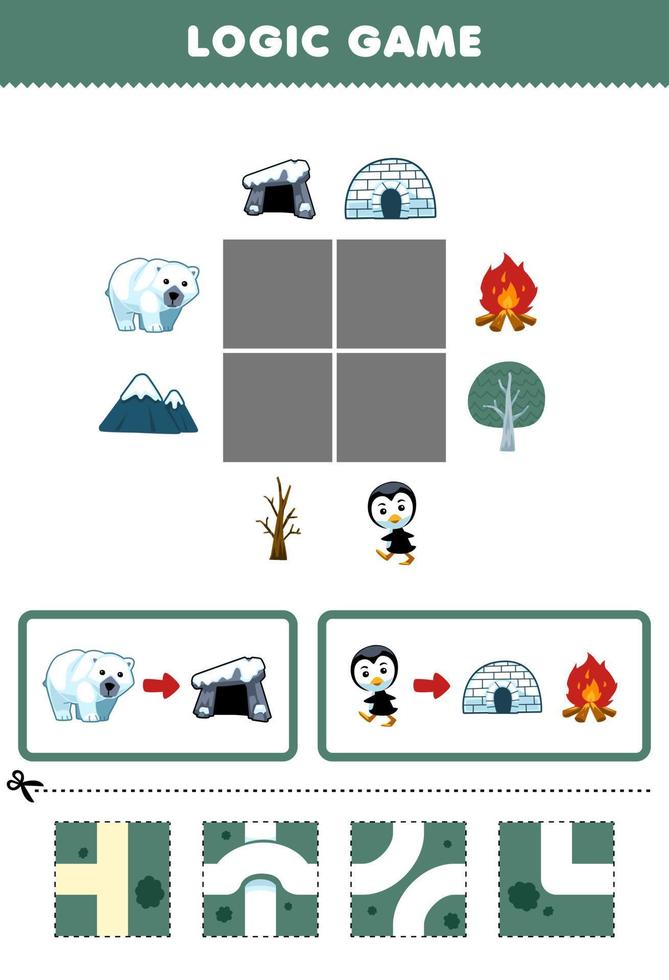 Education game for children logic puzzle build the road for polar bear and penguin move to den bonfire and igloo printable winter worksheet vector