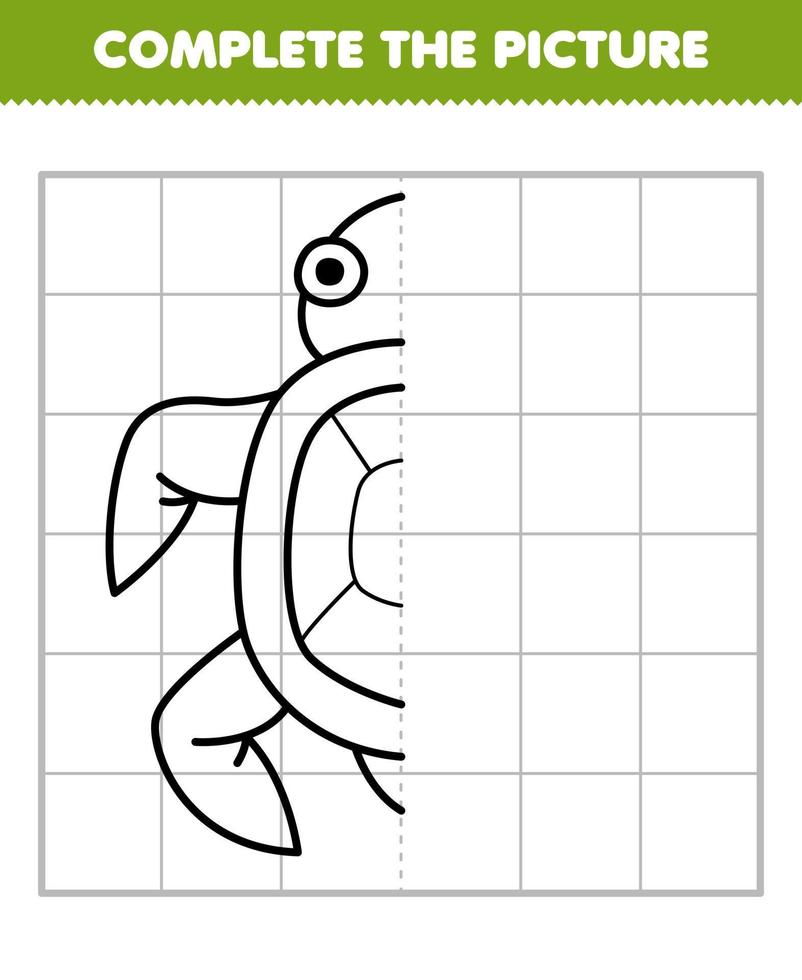 Education game for children complete the picture of cute cartoon turtle half outline for drawing printable underwater worksheet vector