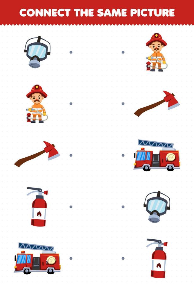 Education game for children connect the same picture of cute cartoon firefighter set printable profession worksheet vector