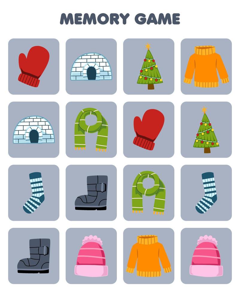 Education game for children memory to find similar pictures of cute cartoon mitten igloo tree sweater scarf sock boot beanie printable winter worksheet vector