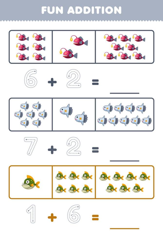 Education game for children fun addition by counting and tracing the number of cute cartoon fish sunfish piranha printable underwater worksheet vector