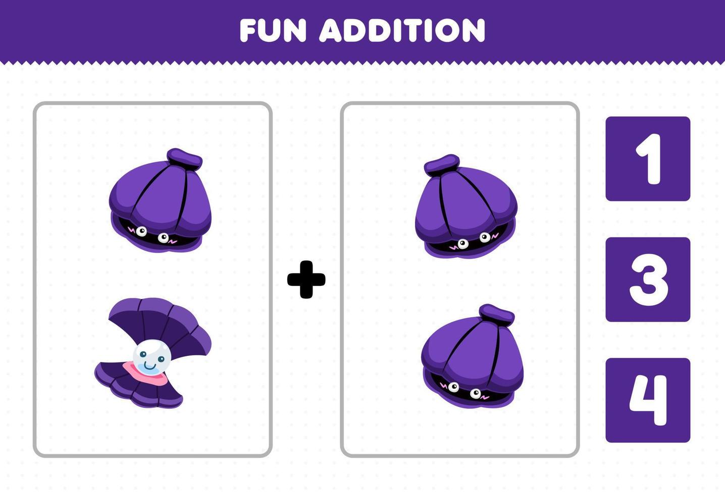 Education game for children fun addition by count and choose the correct answer of cute cartoon shell printable underwater worksheet vector