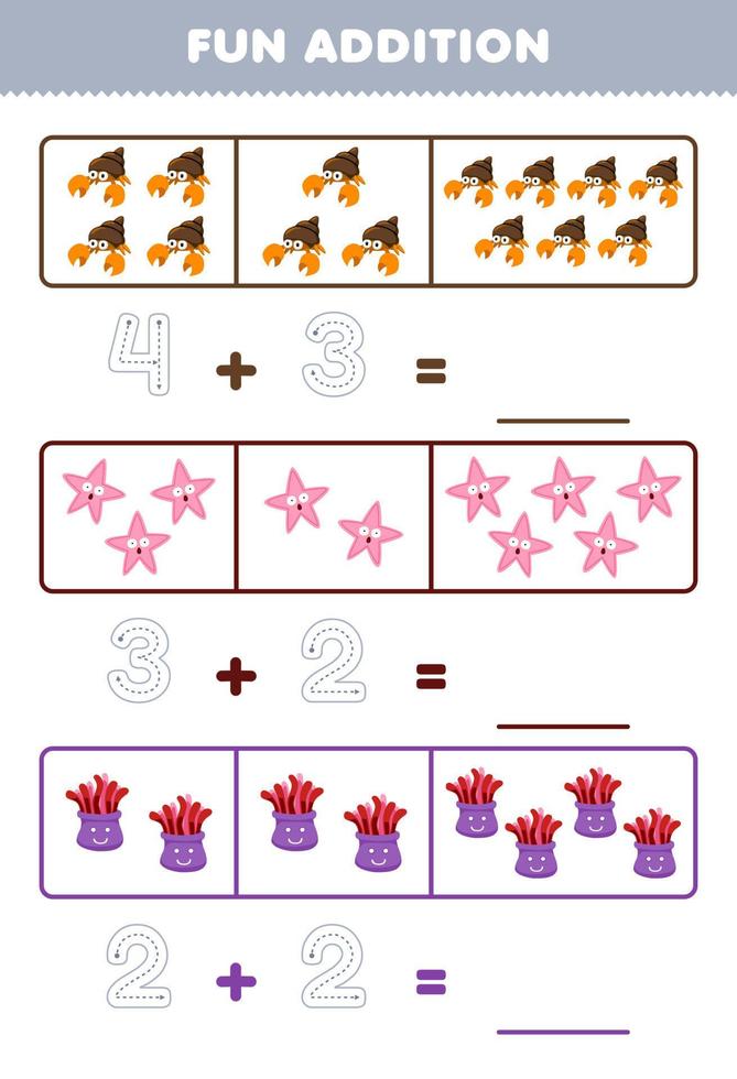 Education game for children fun addition by counting and tracing the number of cute cartoon hermit crab starfish anemone printable underwater worksheet vector