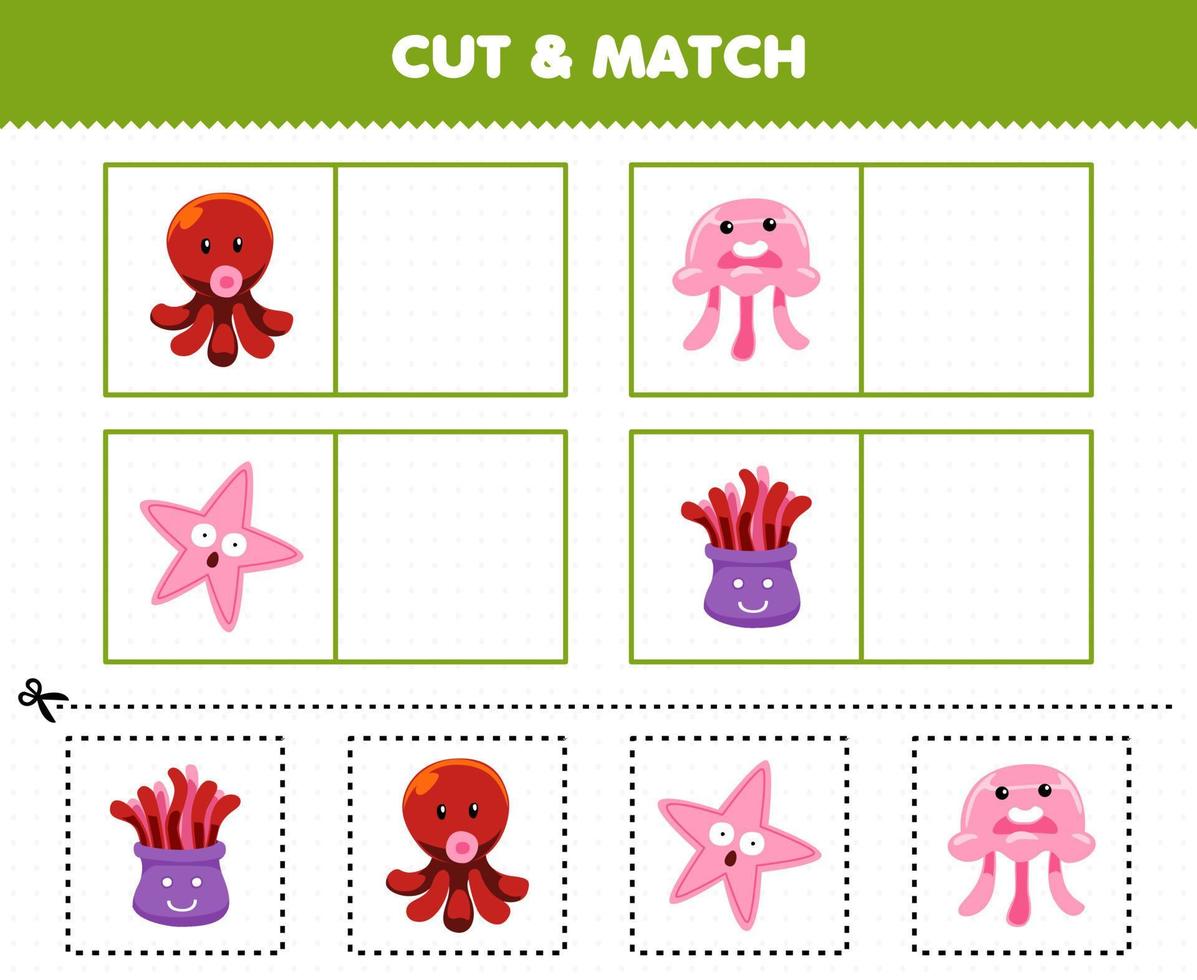 Education game for children cut and match the same picture of cute cartoon anemone octopus starfish jellyfish printable underwater worksheet vector