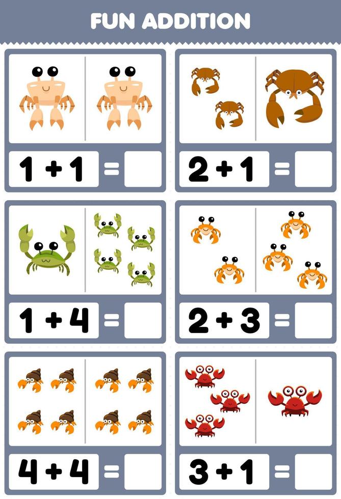 Education game for children fun addition by counting and sum of cute cartoon crab printable underwater worksheet vector