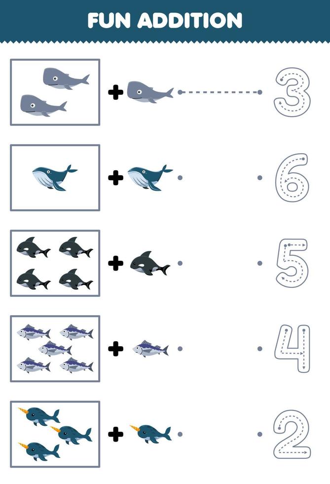 Education game for children fun counting and add one more cartoon whale orca fish narwhal then choose the correct number underwater worksheet vector