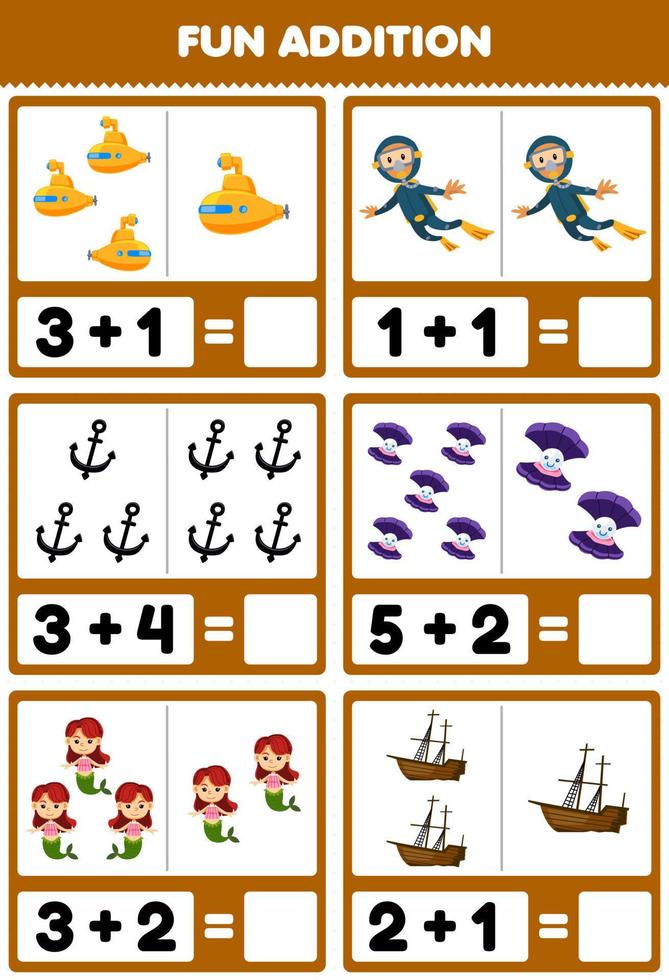 Education game for children fun addition by counting and sum of cute cartoon submarine diver anchor shell mermaid wrecked ship printable underwater worksheet vector