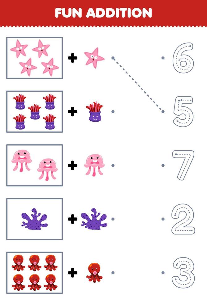 Education game for children fun counting and add one more cartoon starfish anemone jellyfish coral octopus then choose the correct number underwater worksheet vector