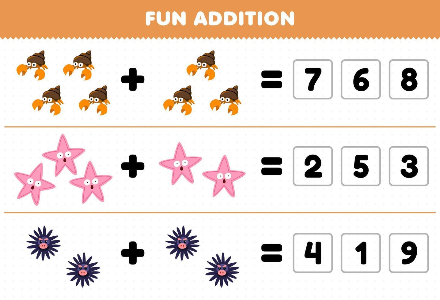 Education game for children fun addition by guess the correct number of cute cartoon hermit crab starfish urchin printable underwater worksheet vector