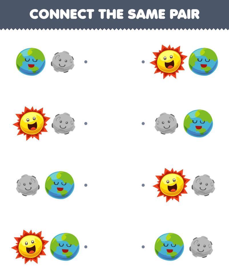 Education game for children connect the same picture of cute cartoon earth moon and sun pair printable solar system worksheet vector