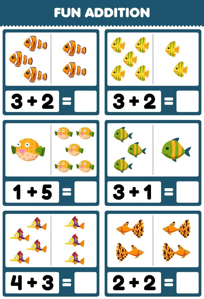 Education game for children fun addition by counting and sum of cute cartoon fish printable underwater worksheet vector