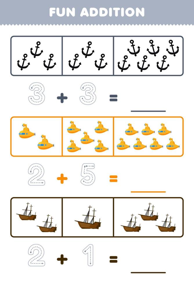 Education game for children fun addition by counting and tracing the number of cute cartoon anchor submarine wrecked ship printable underwater worksheet vector