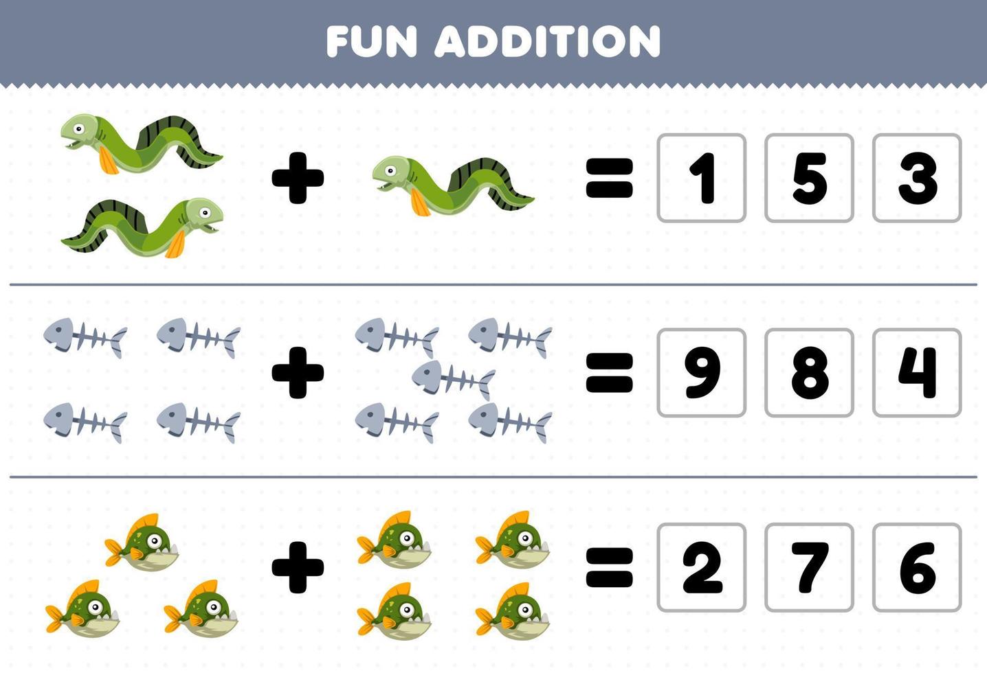 Education game for children fun addition by guess the correct number of cute cartoon eel bone piranha printable underwater worksheet vector