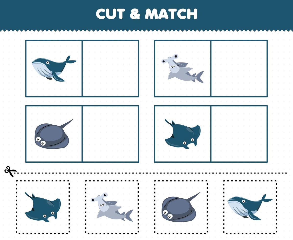 Education game for children cut and match the same picture of cute cartoon manta hammer shark stingray whale printable underwater worksheet vector