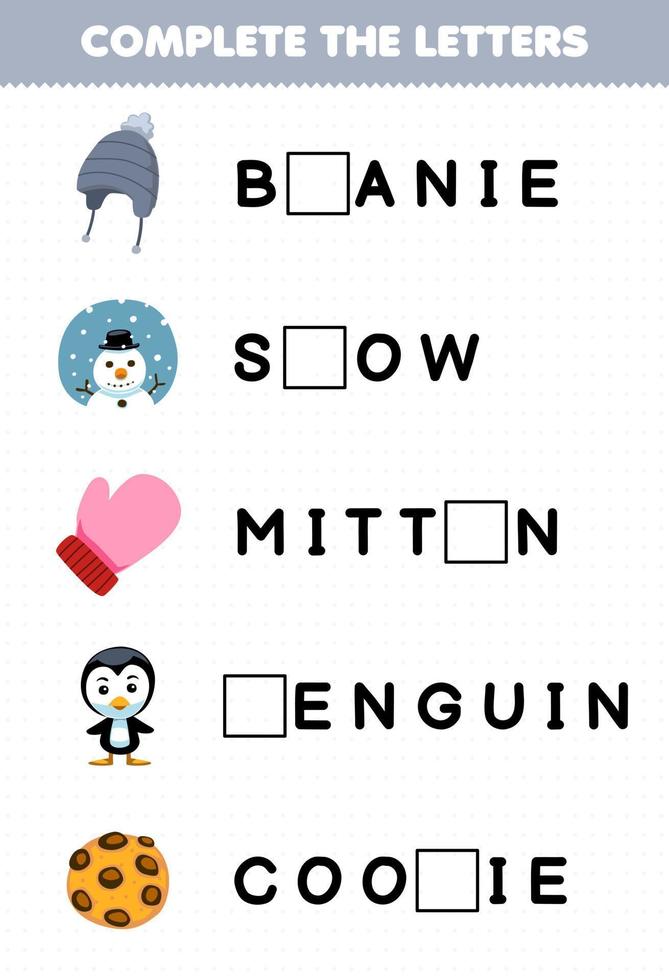 Education game for children complete the letters from cute cartoon beanie snow mitten penguin cookie printable winter worksheet vector