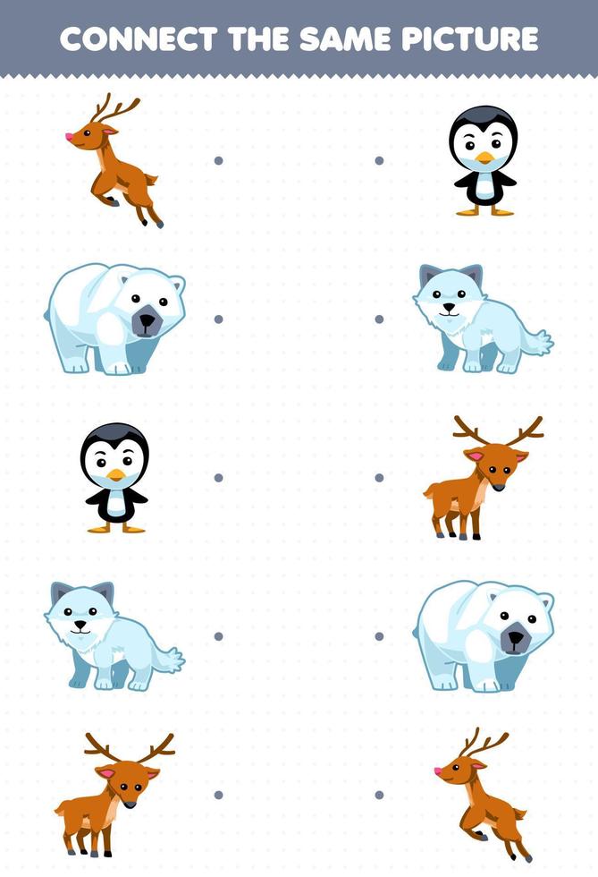 juego educativo para niños conecta la misma imagen de un lindo ciervo de dibujos animados oso polar pingüino zorro ártico hoja de trabajo de invierno imprimible vector